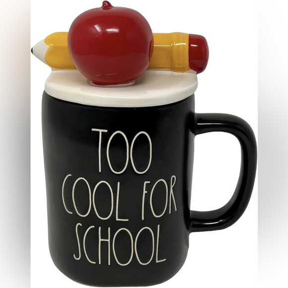 Rae Dunn ‘Too Cool For School’ Coffee Mug with Apple & Pencil Mug Topper - Picture 1 of 12